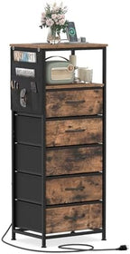 KOMFOTT Nightstand with Integrated Charging Station, 39" Tall Modern End Table with 5 Fabric Drawers, Side Pockets and Open Shelf, Bedside Table with 2 AC Outlets, USB and Type-C Ports for Bedroom by KOMFOTT