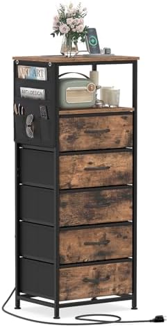 KOMFOTT Nightstand with Integrated Charging Station, 39" Tall Modern End Table with 5 Fabric Drawers, Side Pockets and Open Shelf, Bedside Table with 2 AC Outlets, USB and Type-C Ports for Bedroom by KOMFOTT