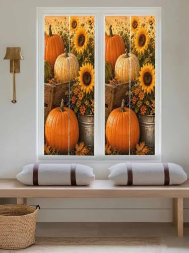 Window Privacy Film Frosted, Fall Pumpkins Reusable Static Cling Window Tints, Thanksgiving Autumn Sunflowers Orange Heat Control Windows Films for Offices, Balcony, 29.5 x 118 Inches - Image 5