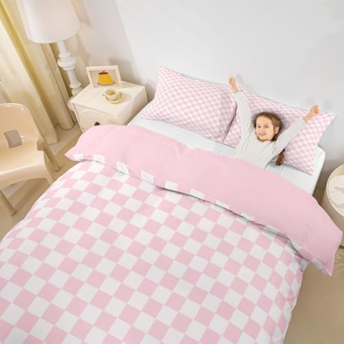 Pink Grid Duvet Cover Set Twin Size,Pink White Checkered Bedding Set 2Pcs for Kids Girls Teens Women Room Decor,Geometric Plaid Printed Comforter Cover Soft Sweet Girly Quilt Cover,1 Pillowcase - Image 5