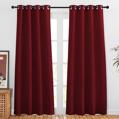 NICETOWN Blackout Doorway Curtains 80 inches Long 2 Panels Set, Grommet Thermal Window Treatments Light & Sound Blocking Drapes for Living Room, Burgundy Red, W46 x L80 by NICETOWN