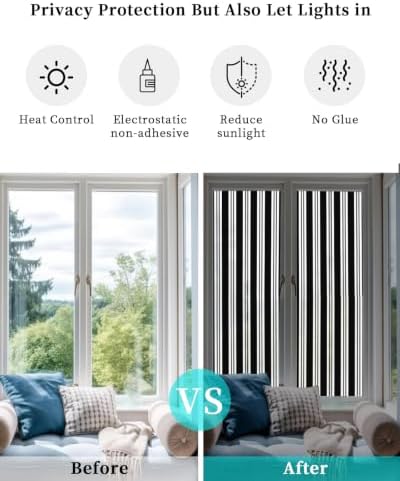 Window Privacy Film Frosted, Black Striped Reusable Static Cling Window Tints, Minimalist Vertical Stripes Heat Control Windows Films for Offices, Balcony, 29.5 x 118 Inches - Image 6