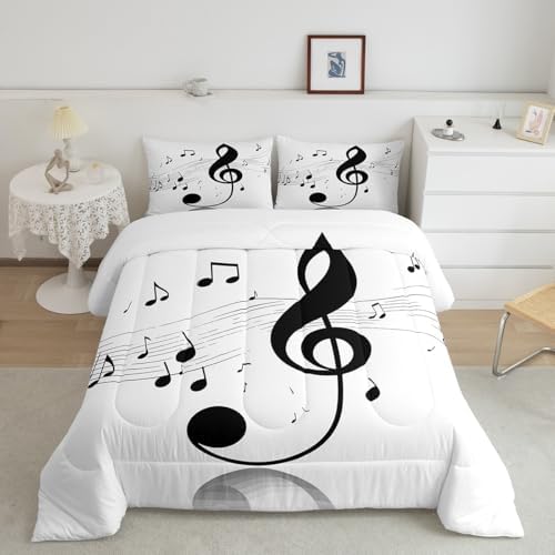 Erosebridal Girls Musical Notes Down Comforter, Kids Musical Staves Pattern Comforter Set King Size, Music Theme Hip Hop Bedding Set for Boys Teens Women, Modern Simple Quilted Duvet, Black White - Image 2