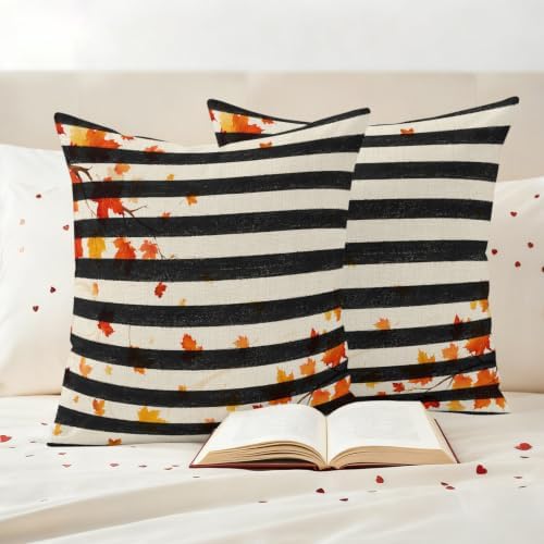 Fall Botanical Waterproof Outdoor Pillow Covers 20''x20'' Set of 2, Autumn Maple Leaf Black Striped Patio Furniture Cushion Covers for Chairs, Decorative Pillow Cases for Garden/Pool/Beach - Image 4