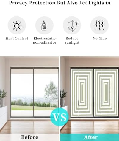 Window Privacy Film Frosted, Sage Green Geometric Non-Adhesive Static Cling Window Tint, Square Minimalist Modern Insulated Windows Frosted Films for Living Room, 35.4 x 78.7 Inches - Image 6