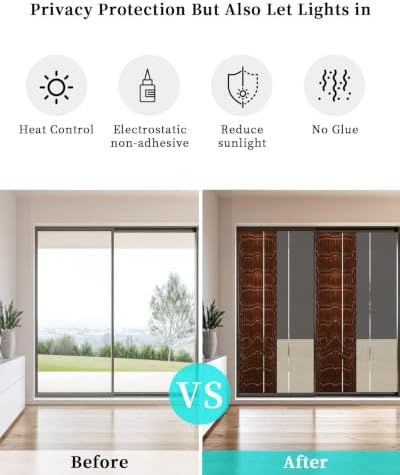Window Privacy Film Frosted, Brown Leather Pattern Static Cling Door Window Covering, Modern Art Animals Leather Rustic UV Blocking Windows Film for Office, Hotel, Bedroom, 29.5 x 78.7 Inches - Image 6