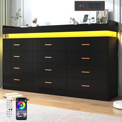 jiteentarou 12 Drawer Dresser with Charging Station and LED Lights, Modern Chest of Drawers with Power Outlet, Organizer Cabinet for Bedroom, Living Room, Entryway, Black by jiteentarou