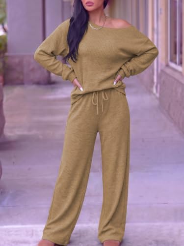 Ulovmi Women's Ribbed Lounge Set Off Shoulder Top Wide Leg Pants Set - Image 2