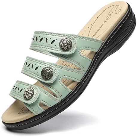 Women's Comfort Leather Slides Lightweight Flat Sandals Cute Slip On Casual Walking Slippers by Hueneph