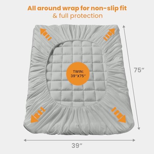 MATBEBY Twin Size Mattress Pad - Cooling Breathable Mattress Topper, Quilted Fitted Mattress Protector, Pillow Top Mattress Cover with 8-21" Deep Pocket, Machine Washable, Light Grey, 39x75 Inches - Image 5