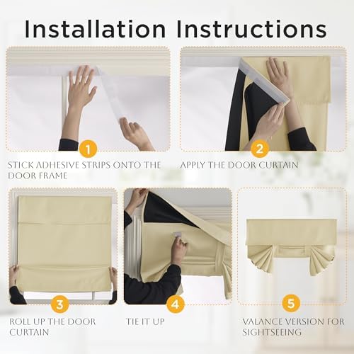 RYB HOME 2 Panels 100% Blackout French Door Curtains Set of 2 - W26 x L40, Biscotti Beige - No Drill Door Window Curtains Thermal Insulated Privacy Assured Shades for Front Entrance - Image 4