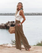 Angerella Womens Elastic High Waisted Palazzo Pants Casual Wide Leg Long Lounge Pant Trousers with Pocket - Image 3