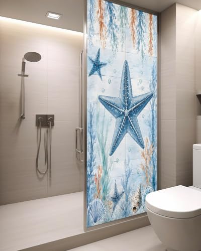 Window Privacy Film Frosted, Coastal Starfish Static Cling Door Window Covering, Blue Ocean Coral Summer Beach Seaweed UV Blocking Windows Film for Office, Hotel, Bedroom, 29.5 x 78.7 Inches - Image 3