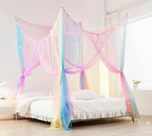 Mengersi Rainbow Bed Canopy with Lights, Square Bed Curtains - Full to King Size, Blue by Mengersi