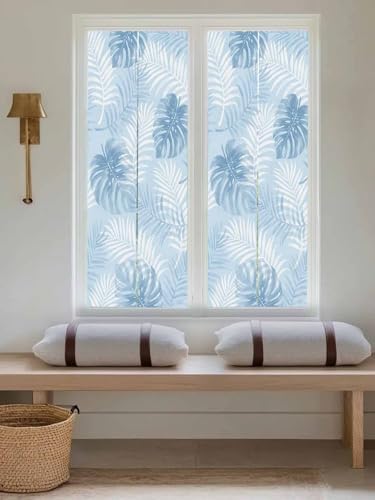 Window Privacy Film Frosted, Sky Blue Palm Trees Tropical Reusable Static Cling Window Tints, Summer Beach Botanical Heat Control Windows Films for Offices, Balcony, 29.5 x 118 Inches - Image 5