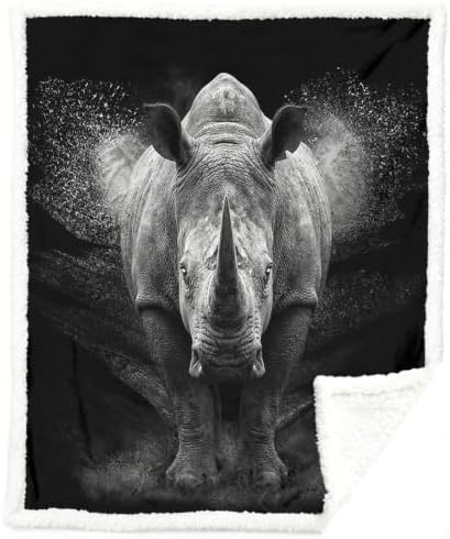 Rhino Blanket Minimalist Sherpa Throw for Couch, Strength Symbol Animal Design for Bedroom Decor, 50x60 Inches Soft Fuzzy Cozy Animal Black Blanket for Calm Space by Sleepwish