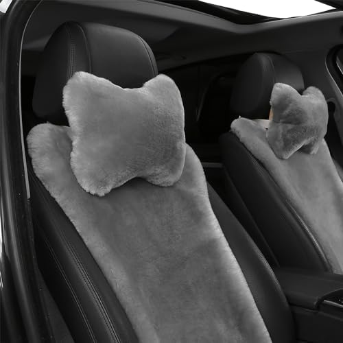 Fluffy Car Headrest Pillow Furry Long Wool Lumbar Auto Head Neck Support Pillow Cushion Natural Luxury Fur Warm Soft Comfort Winter (Gray, Shearling Wool) - Image 4