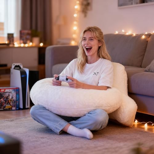 17" Reading Pillow for Bed,U Shaped Arm & Elbow Support,White Faux Fur - Image 2