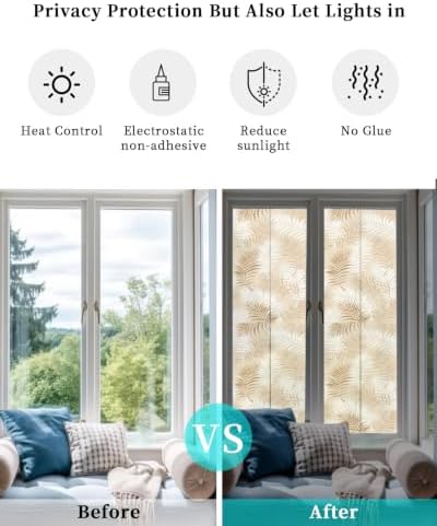 Window Privacy Film Frosted, Brown Botanical Reusable Static Cling Window Tints, Summer Palm Leaves Foliage Tropical Heat Control Windows Films for Offices, Balcony, 29.5 x 118 Inches - Image 6