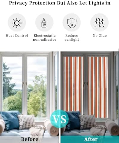 Window Privacy Film Frosted, Burnt Orange Brown Striped Reusable Static Cling Window Tints, Modern Farmhouse Vertical Stripes Heat Control Windows Films for Offices, Balcony, 29.5 x 118 Inches - Image 6
