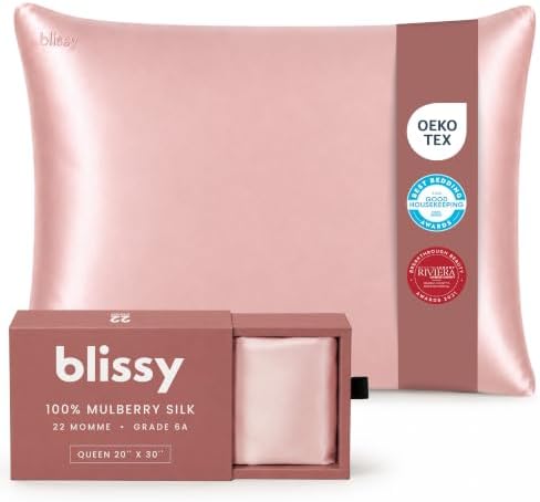 Blissy Silk Pillowcase - 100% Pure Mulberry Silk - 22 Momme 6A High-Grade Fibers - Silk Pillow Cover for Hair & Skin - Regular, Queen & King (Pink, Queen) by Blissy
