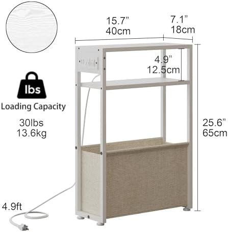 Leomonio White Side Table with Charging Station, Slim End Tables with Linen Basket, Skinny Table for Small Spaces, Thin Bedside Table for Living Room, Bedroom - Image 2