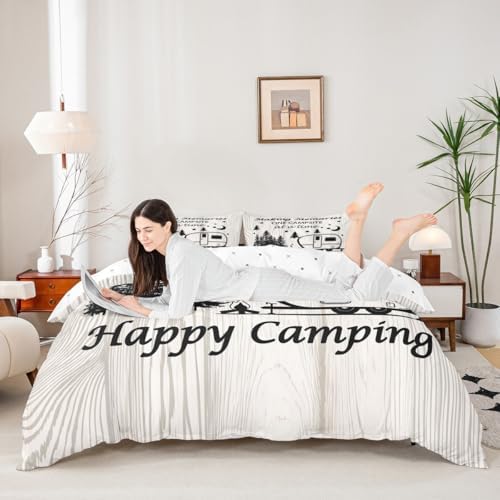 Happy Camping Duvet Cover,Kids RV Camper Bedding Set,Rustic Farmhouse Comforter Cover for Boys Girls Room Decor,Star and Moon Lightweight Bedspread Cover Twin Size with 1 Pillow Case(No Comforter) - Image 2
