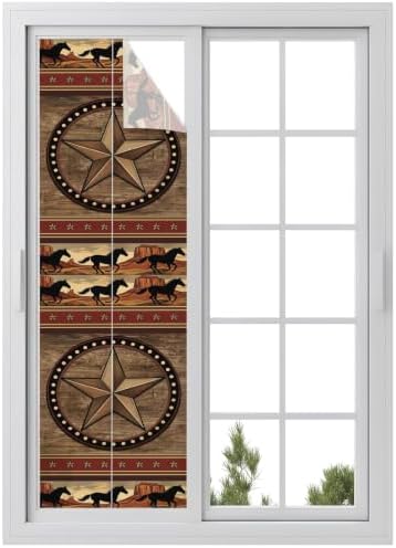 Window Privacy Film Frosted, Texas Star Rustic Reusable Static Cling Window Tints, Farmhouse Western Horse Wood Grain Heat Control Windows Films for Offices, Balcony, 29.5 x 118 Inches by Unknown