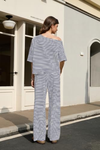 Ythomm Striped Pajama Sets Womens Two Piece Lounge Outfits Short Sleeve Off Shoulder Shirts Drawstring Pants Matching Pj Sets - Image 3