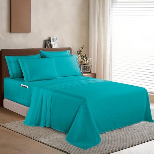 Elegant Comfort 1500 Premium Quality 6-Piece Bed Sheet Set - 18-24 Inch Extra Deep Pocket, Smart Storage Pockets, Wrinkle Free Ultra Soft 6PC Extra Deep Pocket Sheets, Queen, Turquoise - Image 3