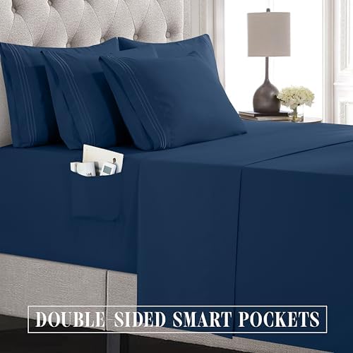Elegant Comfort Luxury Soft 6-Piece 1500 Premium Hotel Quality Bed Sheet Set with Extra Deep Pockets 18-24 Inch, Wrinkle Free, Storage Pockets, Extra Deep Pocket 6PC Sheets, Cal King, Navy Blue - Image 5