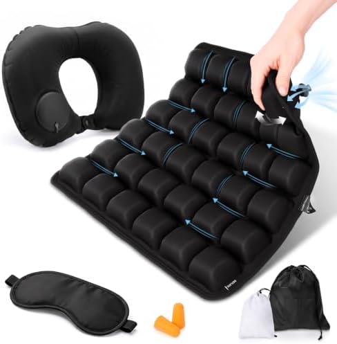 Inflatable Airplane Seat Cushion with Neck Pillow Eye Masks Earplugs&Bag for Long Flights, Portable Wheelchair Seat Cushion, Press-Type Air Cushion with Non-Skid Bottom for Travel, Office by Unknown