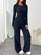 Trendy Queen Women's 2 Piece Matching Lounge Set Boat Neck Slim Fitted Top Wide Leg Pants Casual Tracksuits - Image 3