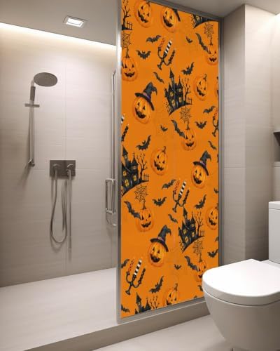 Window Privacy Film Frosted, Orange Pumpkins Halloween Static Cling Door Window Covering, Horror Haunted Houses UV Blocking Windows Film for Office, Hotel, Bedroom, 29.5 x 78.7 Inches - Image 3