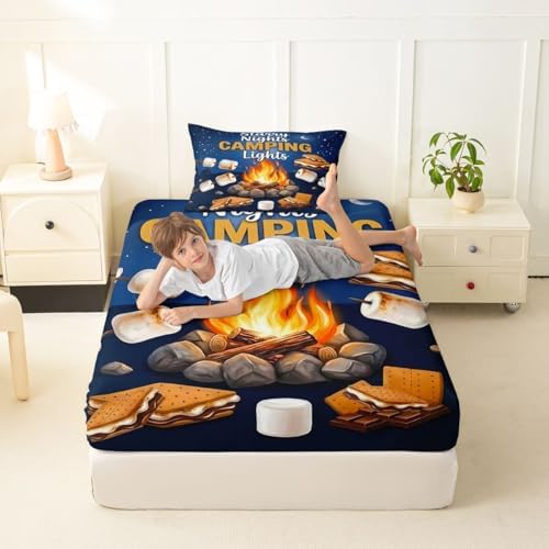 Erosebridal RV Camper Twin Fitted Sheet, Outdoor Camping Themed Bedding Set for Kids Girls Boys, Fun Summer Campsite Bed Sheets, Hiking Camping Lover Gifts Room Decor (No Top Sheet) - Image 3