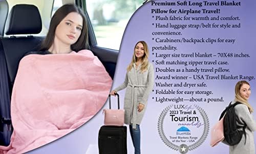 BlueHills Long Travel Blanket Pillows for Two Airplane Traveling Essentials Flight Throws in Bag case with Backpack Clip Compact Large Plane Accessories – Gray and Pink - Image 3