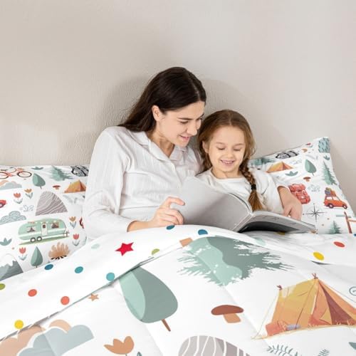 Kids Camper Theme Comforter Set Full 3Pcs, Happy Camping Bedding for Toddler, Travel Car Rv Accessories Down Comforter, Botanical Flowers Mountain Adventure Quilt, Cute Camper Duvet Set Room Decor - Image 5