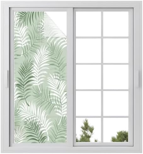 Window Privacy Film Frosted, Green Botanical Static Cling Door Window Covering, Summer Palm Leaves Foliage Tropical UV Blocking Windows Film for Office, Hotel, Bedroom, 29.5 x 78.7 Inches by Unknown