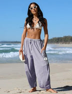 TARSE Womens Linen Wide Leg Striped Pants Casual Barrel Palazzo Harem Pants - Image 3