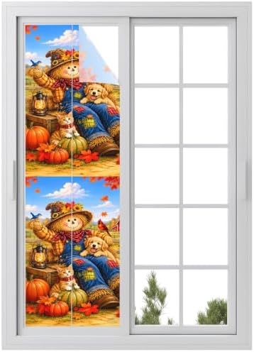 Window Privacy Film Frosted, Fall Reusable Static Cling Window Tints, Thanksgiving Harvest Country Pumpkins Maple Leaves Heat Control Windows Films for Offices, Balcony, 29.5 x 118 Inches by Unknown