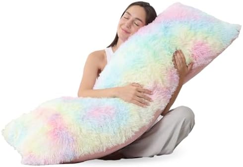ZonLi Fluffy Body Pillow for Adults, Fuzzy Faux Fur Long Pillow with Shredded Memory Foam, Adjustable Support for Side Sleepers, Gifts, 20 x 54 Inch, Rainbow by Zonli