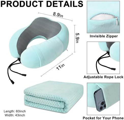 urnexttour Travel Pillow and Blanket Set Neck Pillow Airplane Foam Mint - Image 4