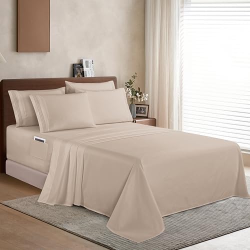 Elegant Comfort 1500 Premium Quality 6-Piece Bed Sheet Set - 18-24 Inch Extra Deep Pocket, Smart Storage Pockets, Wrinkle Free Ultra Soft 6PC Extra Deep Pocket Sheets, Full, Cream - Image 3