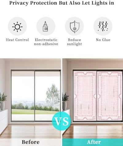 Window Privacy Film Frosted, Blush Pink Botanical Static Cling Door Window Covering, Vintage Florals Geometric Minimalist UV Blocking Windows Film for Office, Hotel, Bedroom, 29.5 x 78.7 Inches - Image 6