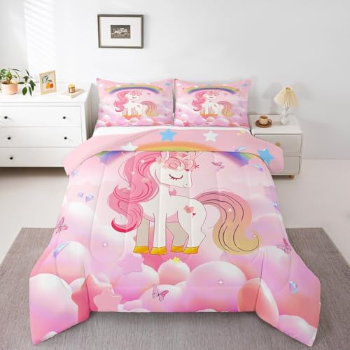 Erosebridal Unicorn Girls Bedding Set King Size Cute Rainbow Unicorn Comforter Set Kids Cartoon Kawaii Cute Duvet Set Pink Unicorn Quilt Stars Fantasy Girls Room Decor Teens Children Reversible - Image 4