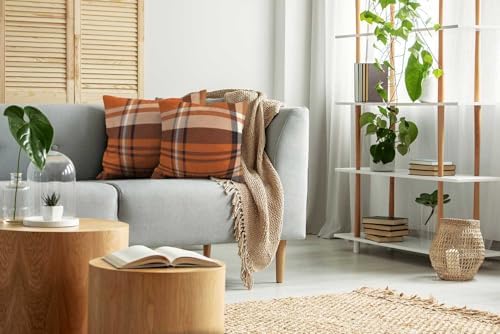 EMMTEEY Orange Brown Tartan Plaid Checkered Pillow Covers 26x26 Set of 2 - Image 5