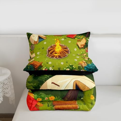 Erosebridal Campfire Comforter Set Camping Tent Toddler Bedding Sets for Boys Girls Kids Woodland Bonfire Comforter Cartoon Trees Stones Quilt Duvet 2 Pcs - Image 7
