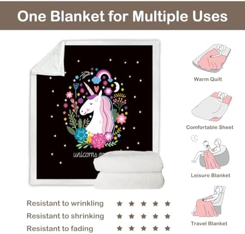 Sleepwish Unicorn Blanket Unicorn Throw Blankets for Girls Cute Unicorn Fleece Blanket for Women Unicorn Flower Fluffy Blanket Black Pink Sherpa Plush Blanket Throw for Kids Childrens Gifts (50"x60") - Image 5