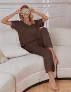 Ekouaer Pajama Sets Womens 2 Piece Short Sleeve Long Pants Pjs Lounge Set - Image 3