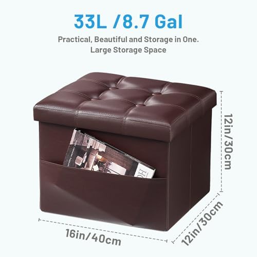Bsketa Storage Ottoman Bench, 16" Folding Leather Foot Rest, Brown 2 Pack - Image 3